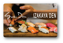 Sushi Den logo over image of sushi